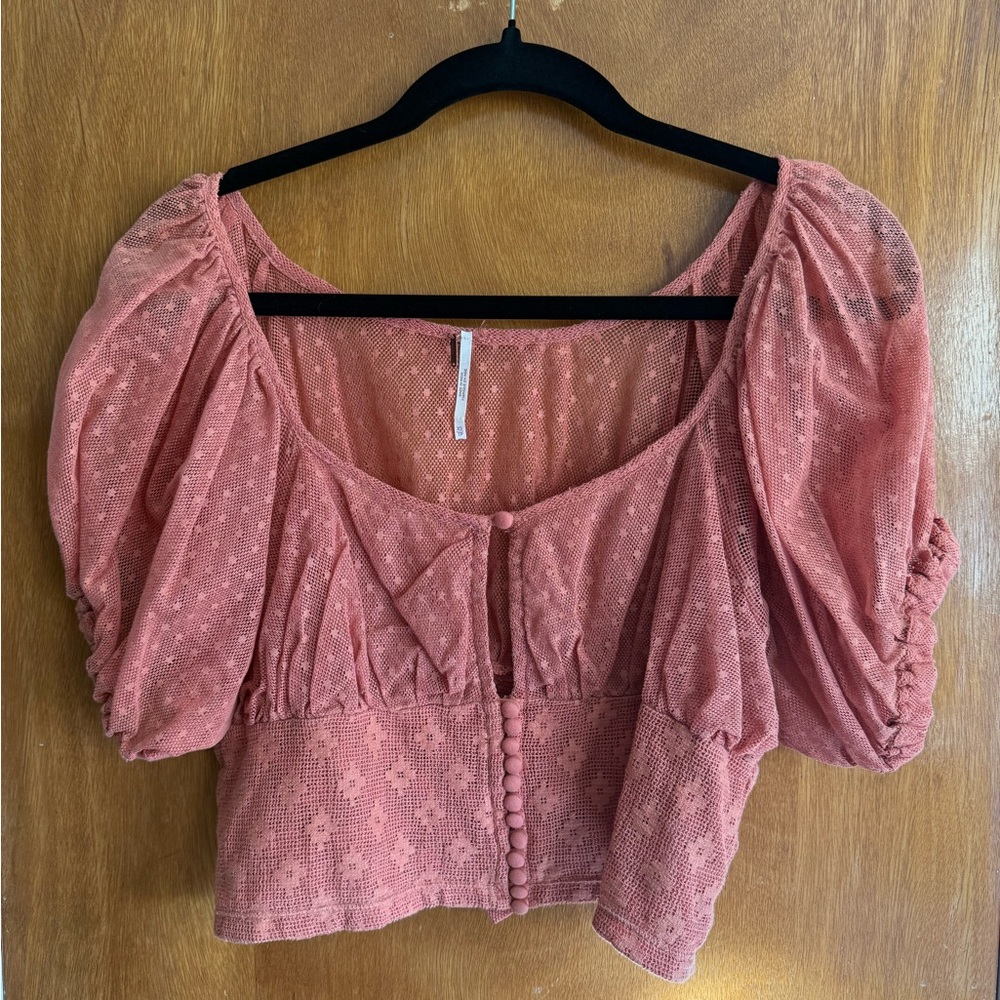 Free People Blush Lace Puff Sleeve Blouse